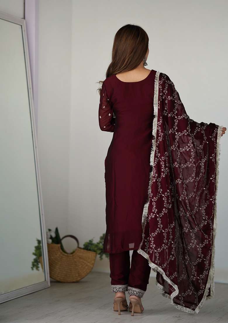 Maroon Embroidered Silk Blend Straight Kurta Set - Indya