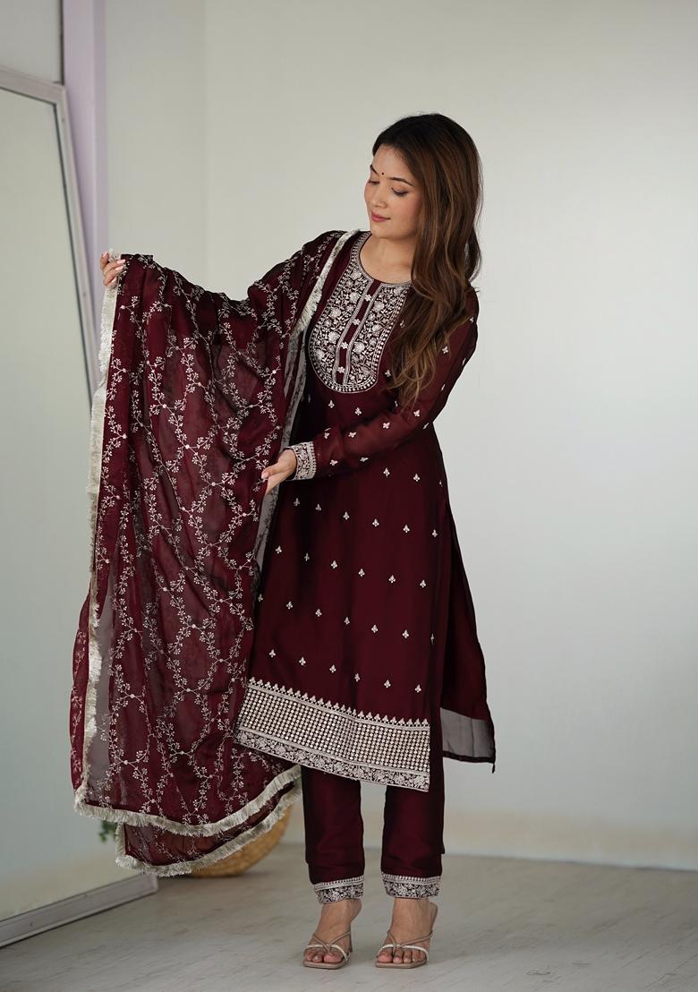 Maroon Embroidered Silk Kurta Set