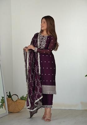 Wine Embroidered Silk Kurta Set