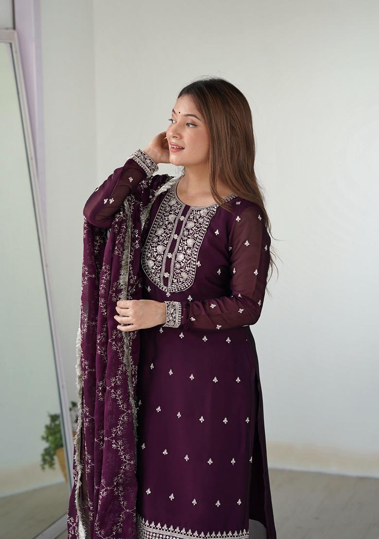 Wine Embroidered Silk Kurta Set