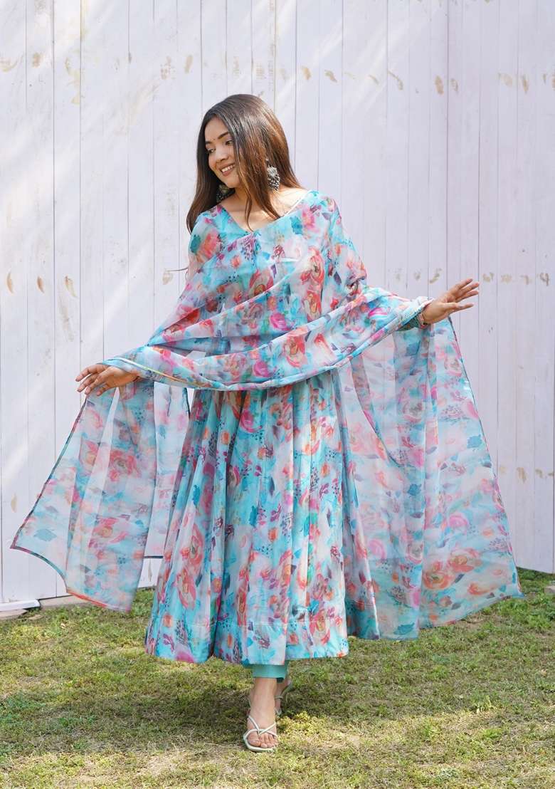 Sky Blue Digital Print Organza Anarkali With Dupatta - Indya
