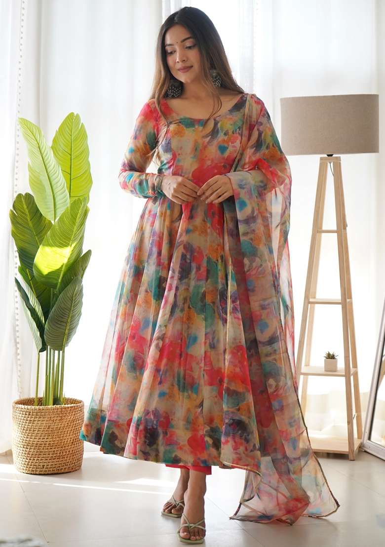 Red Digital Print Organza Anarkali With Dupatta - Indya