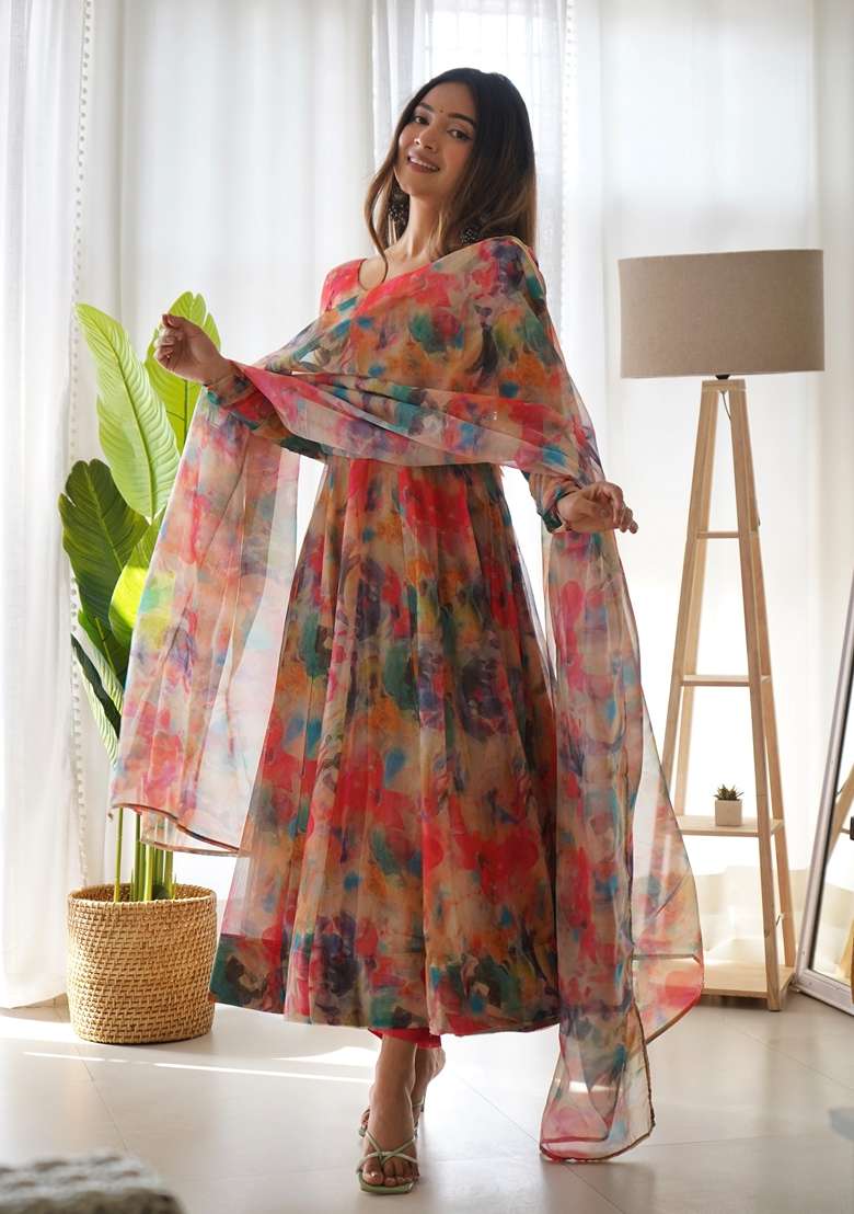Red Digital Print Organza Anarkali With Dupatta - Indya