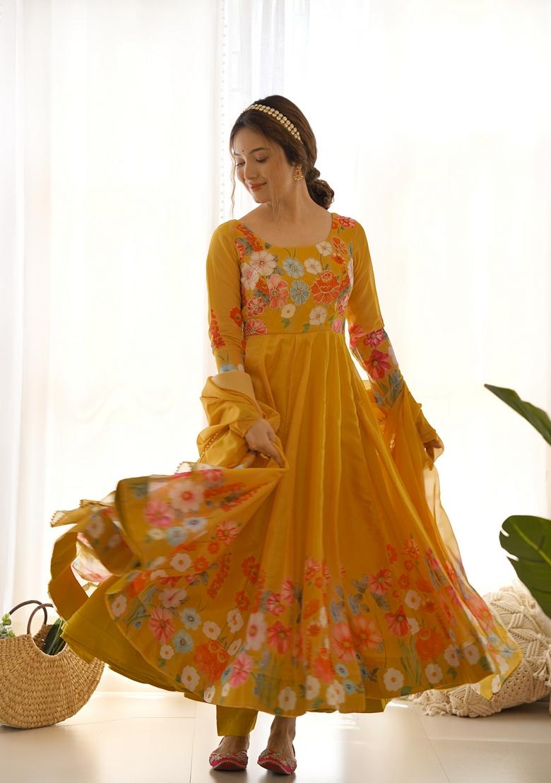 Yellow Digital Print Organza Anarkali Set
