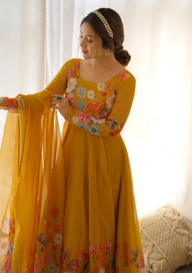 Yellow Digital Print Organza Anarkali Set