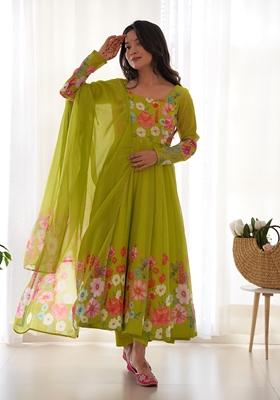 Lemon Yellow Digital Print Organza Anarkali Set