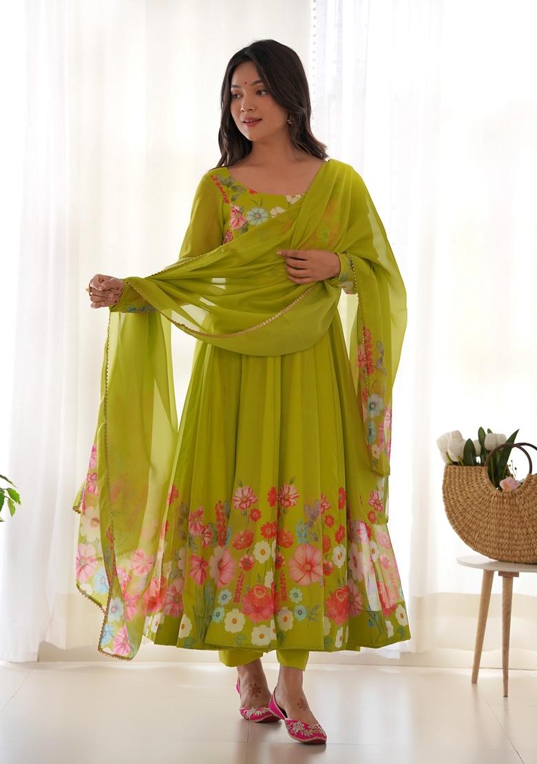 Lemon Yellow Digital Print Organza Anarkali Set - Indya