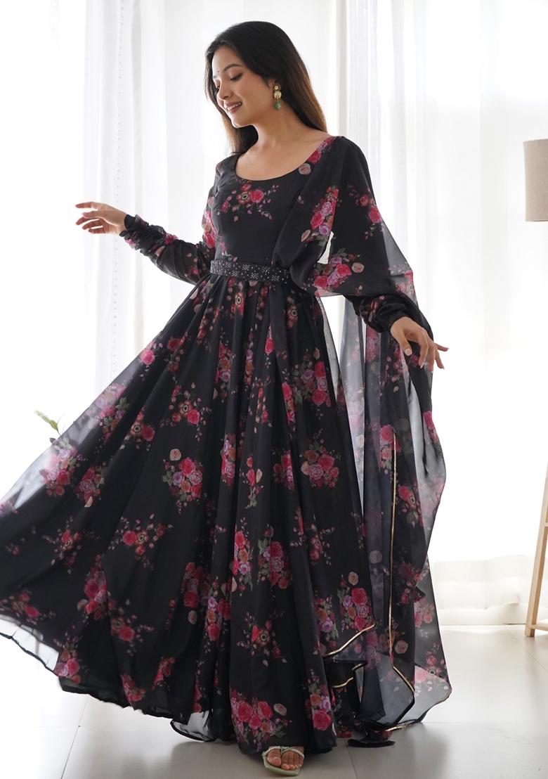 Black Digital Print Organza Anarkali Set