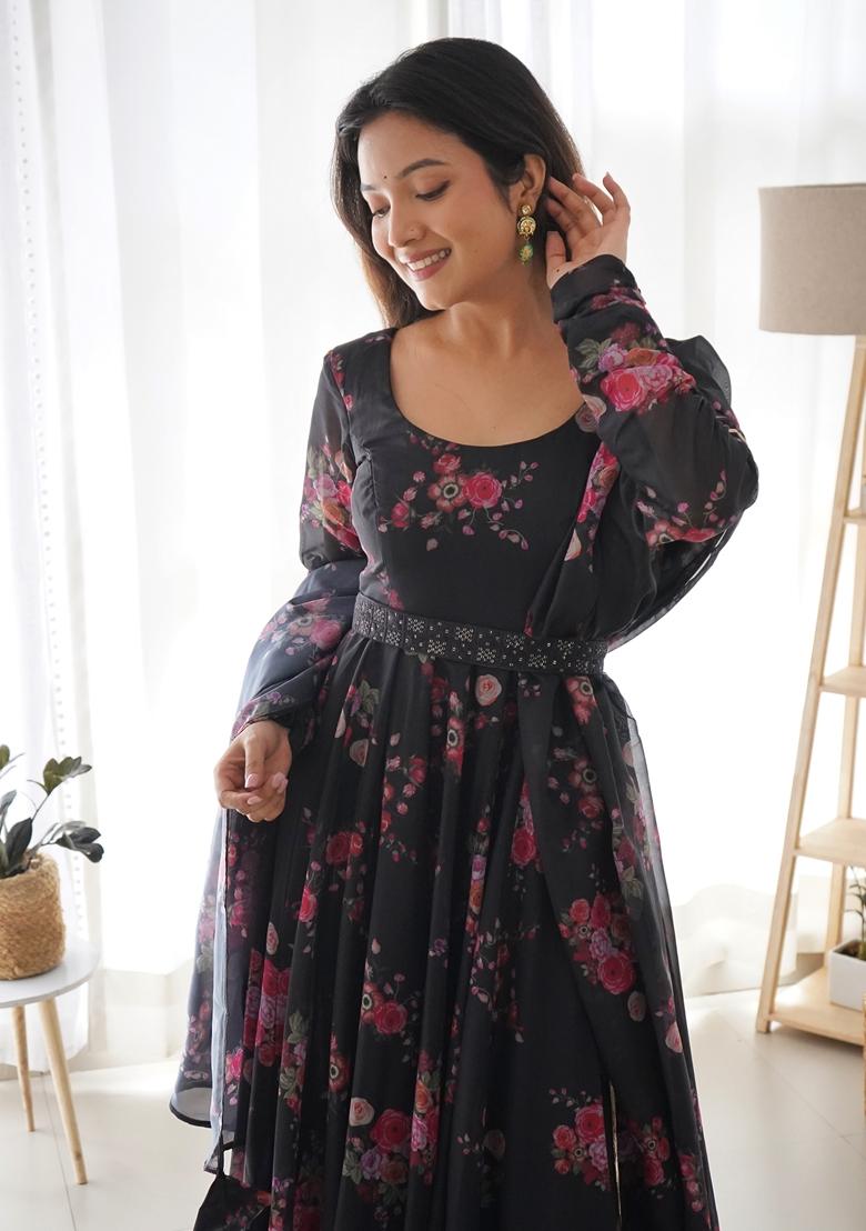 Black Digital Print Organza Anarkali Set