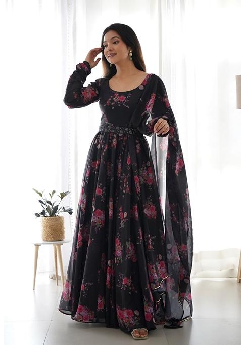 Black Digital Print Organza Anarkali Set