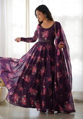 Wine Digital Print Organza Anarkali Set