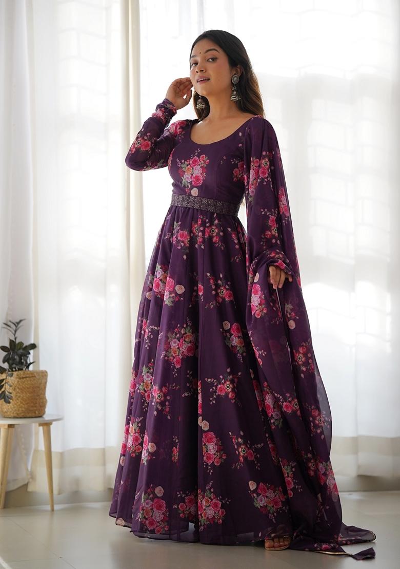 Wine Digital Print Organza Anarkali Set
