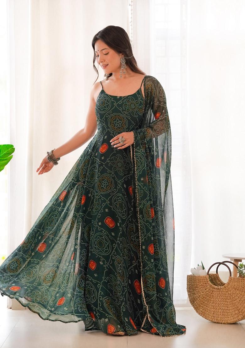 Green Digital Print Chiffon Anarkali Set