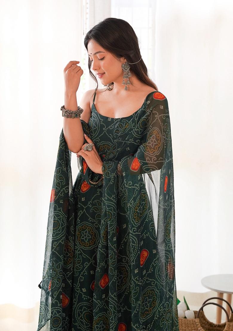 Green Digital Print Chiffon Anarkali Set