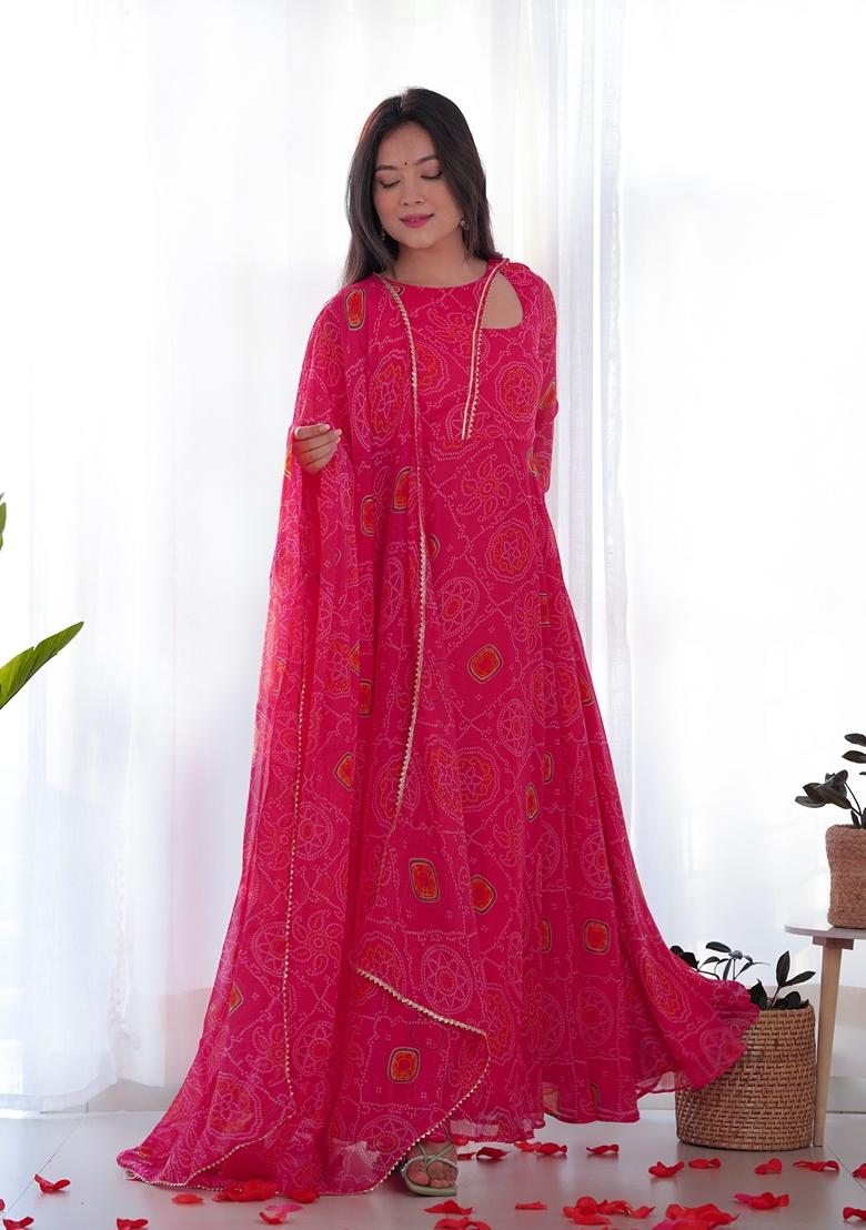 Rani Pink Digital Print Chiffon Anarkali Set