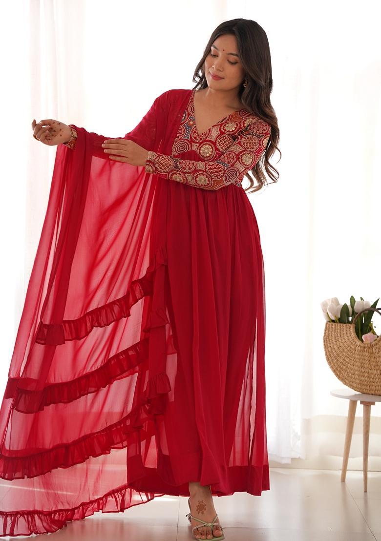 Red Embroidered Georgette Anarkali Set