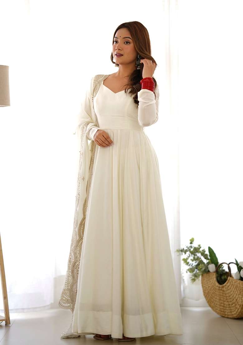 Off White Solid Silk Anarkali With Dupatta - Indya