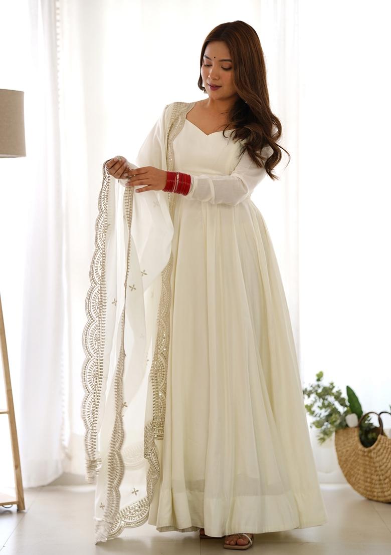Off White Embroidered Silk Anarkali Set