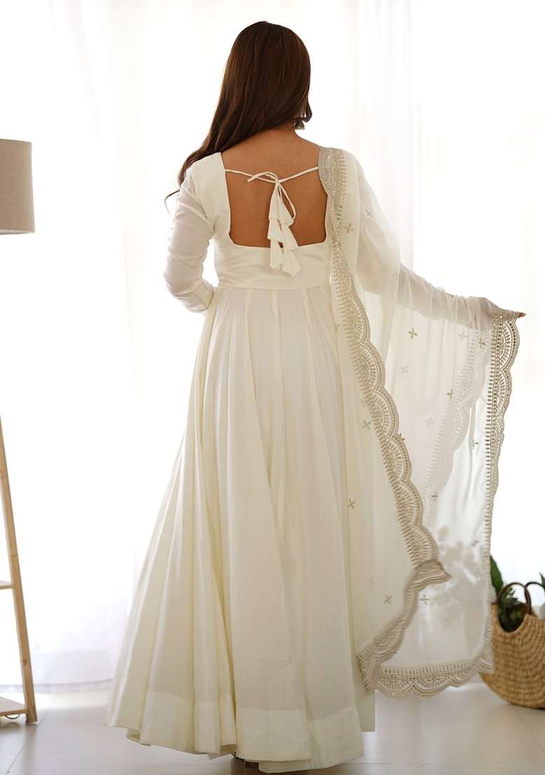 Off White Solid Silk Anarkali With Dupatta - Indya