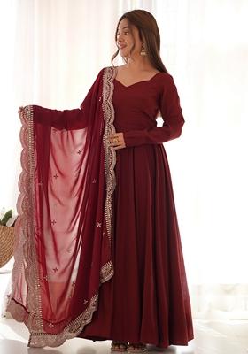 Maroon Embroidered Silk Anarkali Set