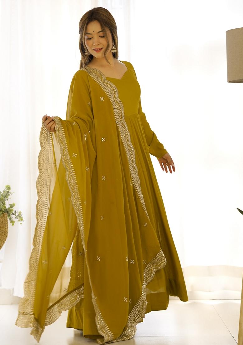 Mustard Yellow Embroidered Silk Anarkali Set