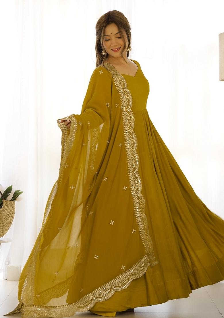 Mustard Yellow Embroidered Silk Anarkali Set