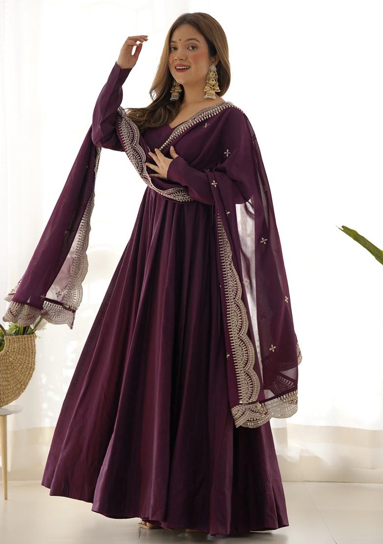Wine Embroidered Silk Anarkali Set