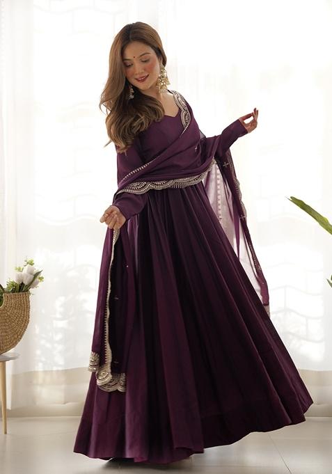 Wine Embroidered Silk Anarkali Set