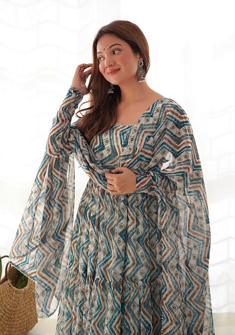 Blue Digital Print Georgette Anarkali Set