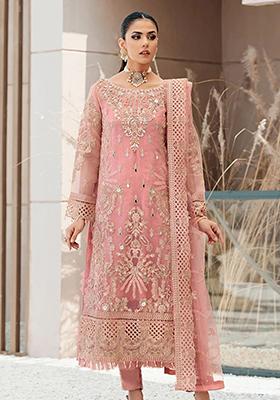 Pink Bead Embroidered Organza Kurta Set