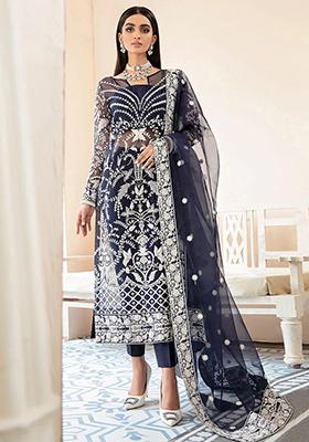 Blue Bead Embroidered Organza Kurta Set