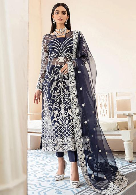 Blue Bead Embroidered Organza Kurta Set