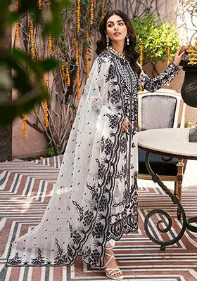 White Thread Embroidered Organza Kurta Set