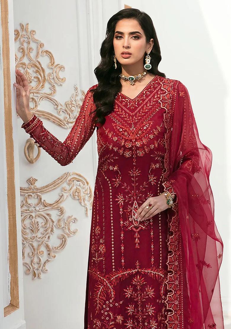 Maroon Sequin Embroidered Organza Kurta Set