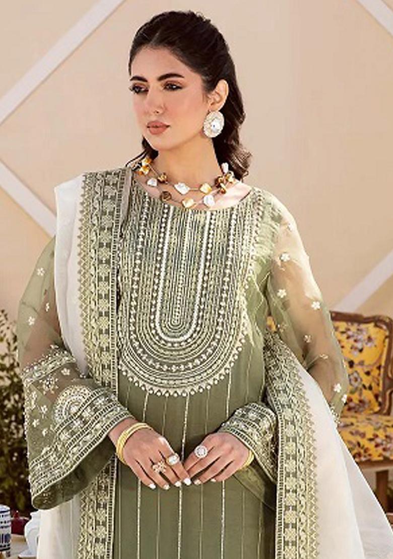 Green Sequin Bead Embroidered Organza Kurta Set