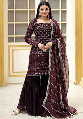 Wine Thread Sequin Embroidered Georgette Kurta Set