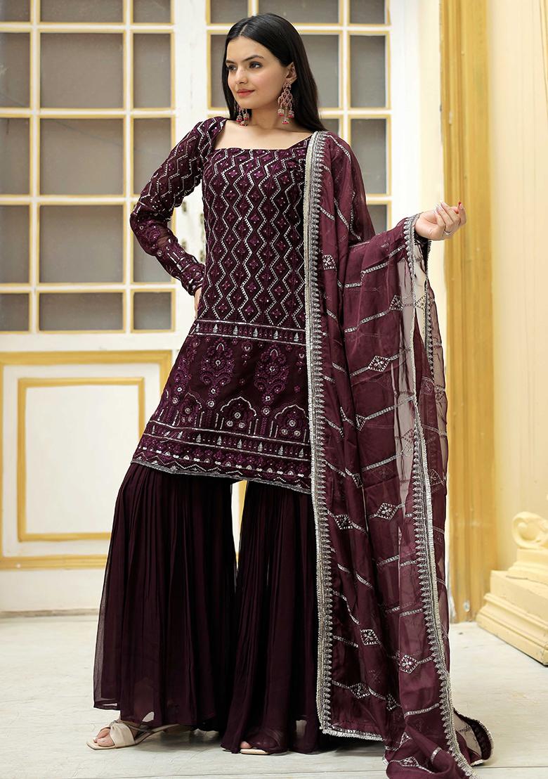Wine Thread Sequin Embroidered Georgette Kurta Set