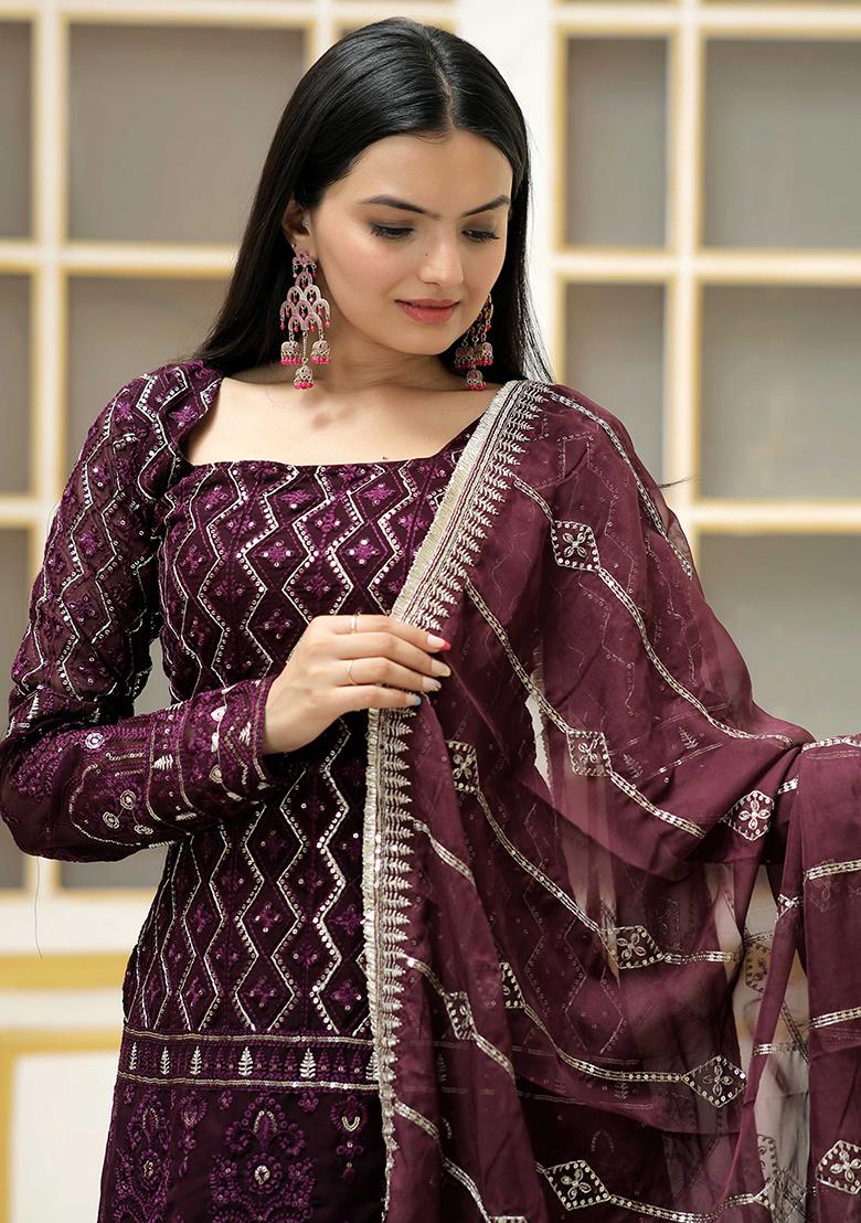 Wine Thread Sequin Embroidered Georgette Kurta Set