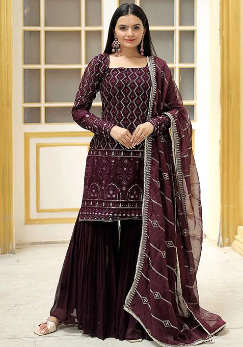 Wine Thread Sequin Embroidered Georgette Kurta Set