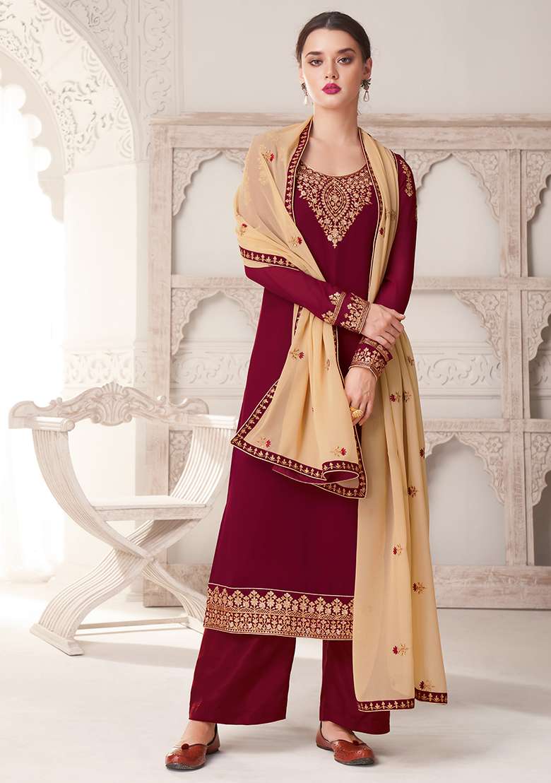 Maroon Embroidered Georgette Straight Kurta Set - Indya