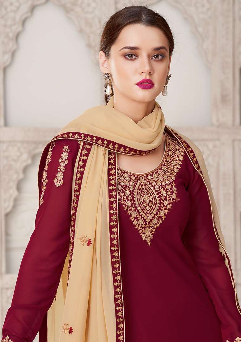 Maroon Embroidered Georgette Straight Kurta Set - Indya