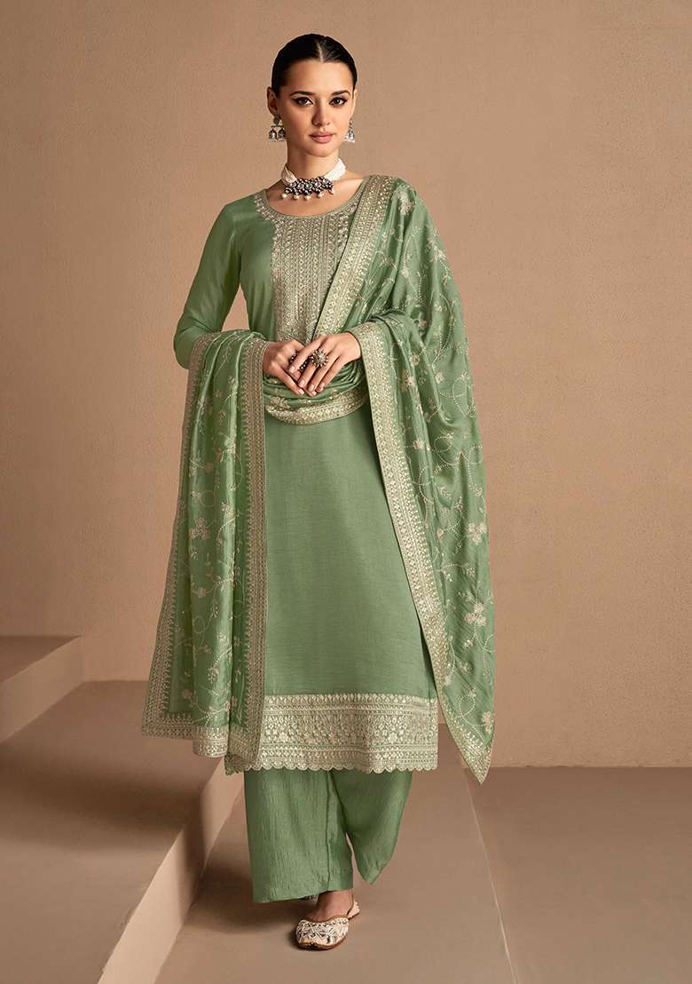 Dusty Green Embroidered Silk Blend Straight Kurta Set - Indya