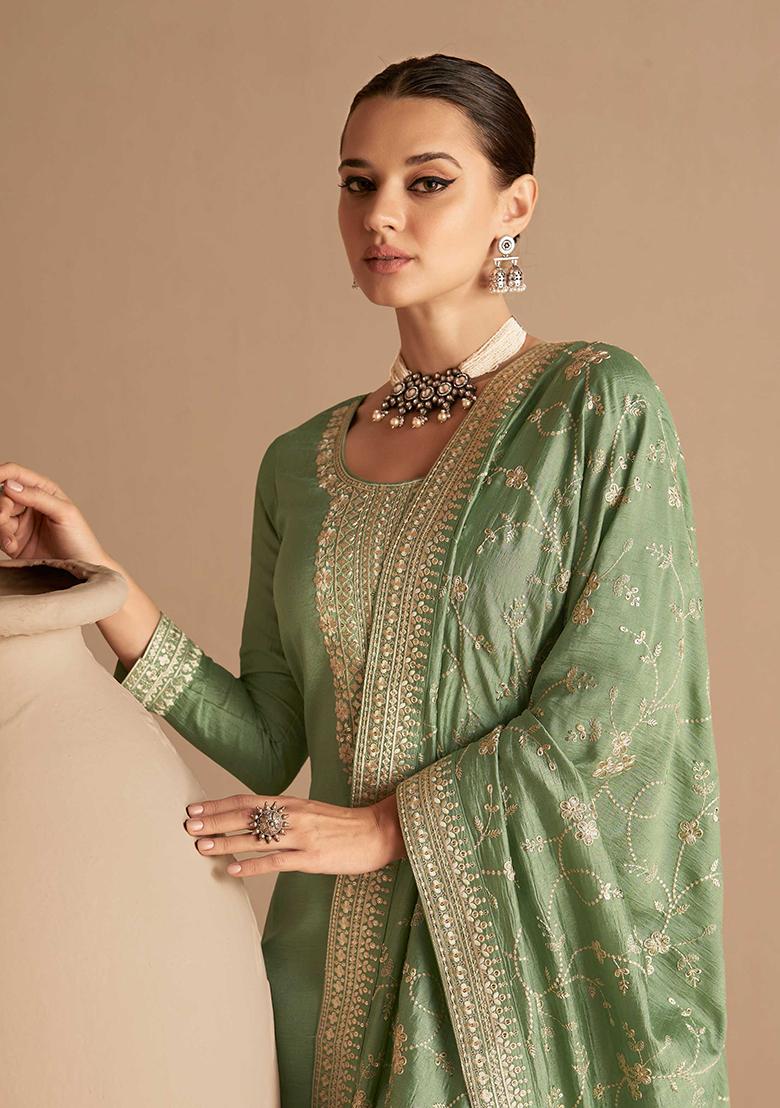 Dusty Green Embroidered Silk Palazzo Set