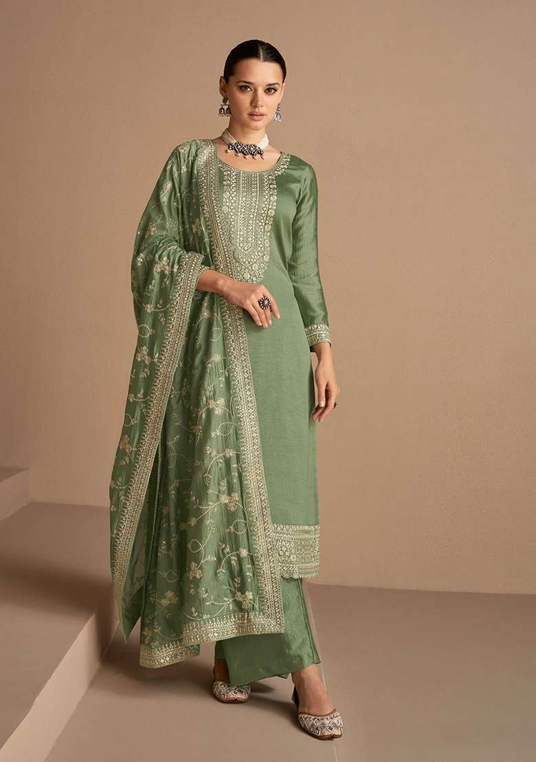 Dusty Green Embroidered Silk Blend Straight Kurta Set - Indya