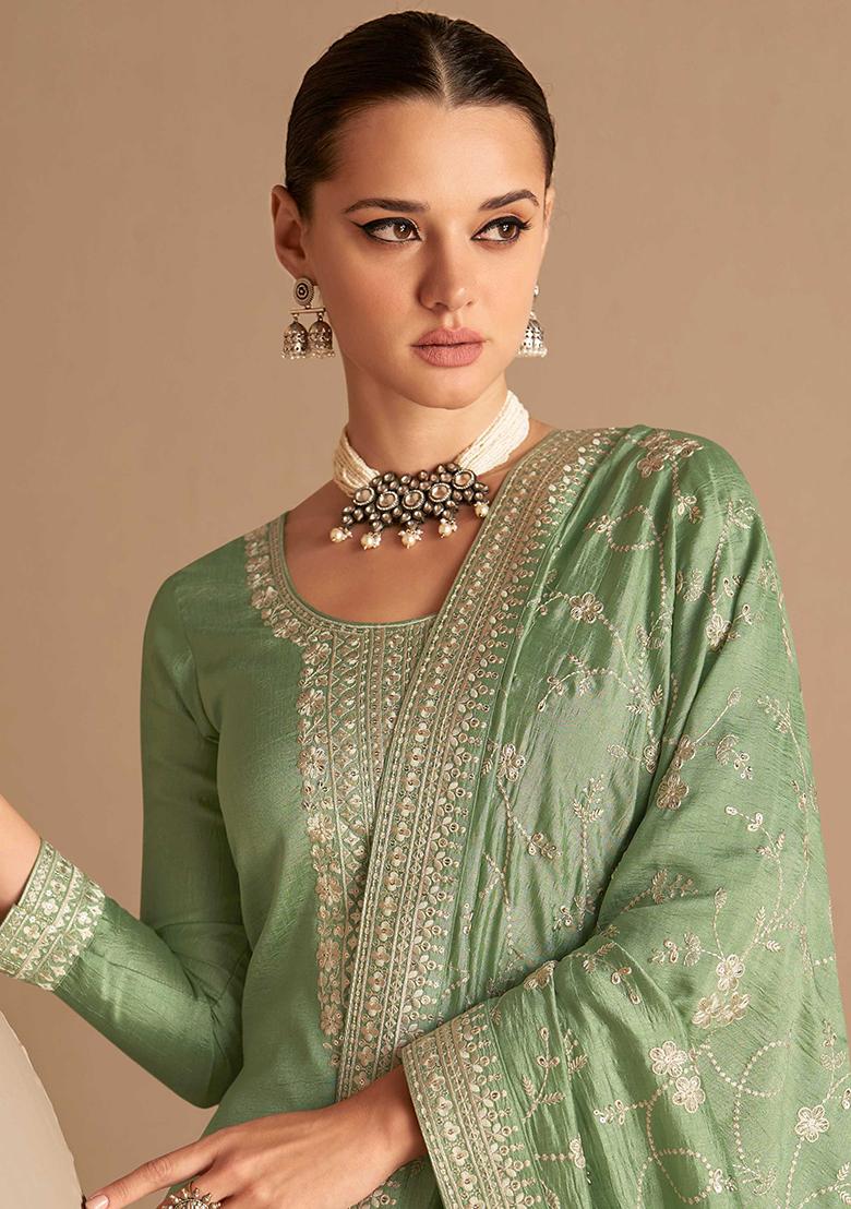 Dusty Green Embroidered Silk Palazzo Set