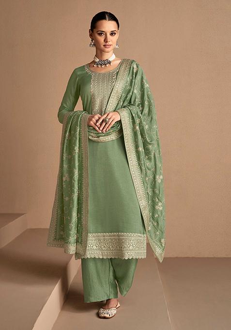 Dusty Green Embroidered Silk Palazzo Set