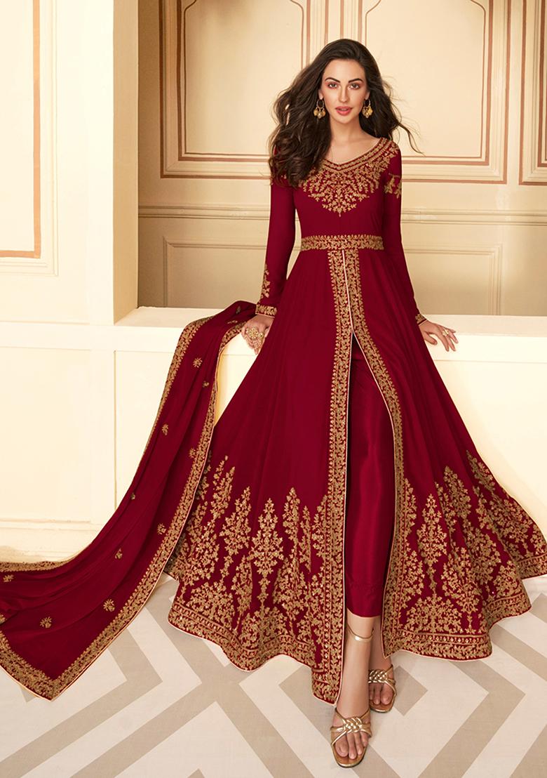 Maroon Embroidered Georgette Kurta Set