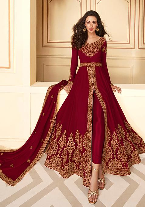 Maroon Embroidered Georgette Kurta Set