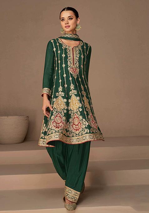 Green Embroidered Chinon Palazzo Set