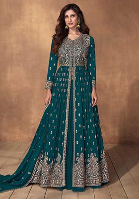 Teal Blue Embroidered Georgette Kurta Set